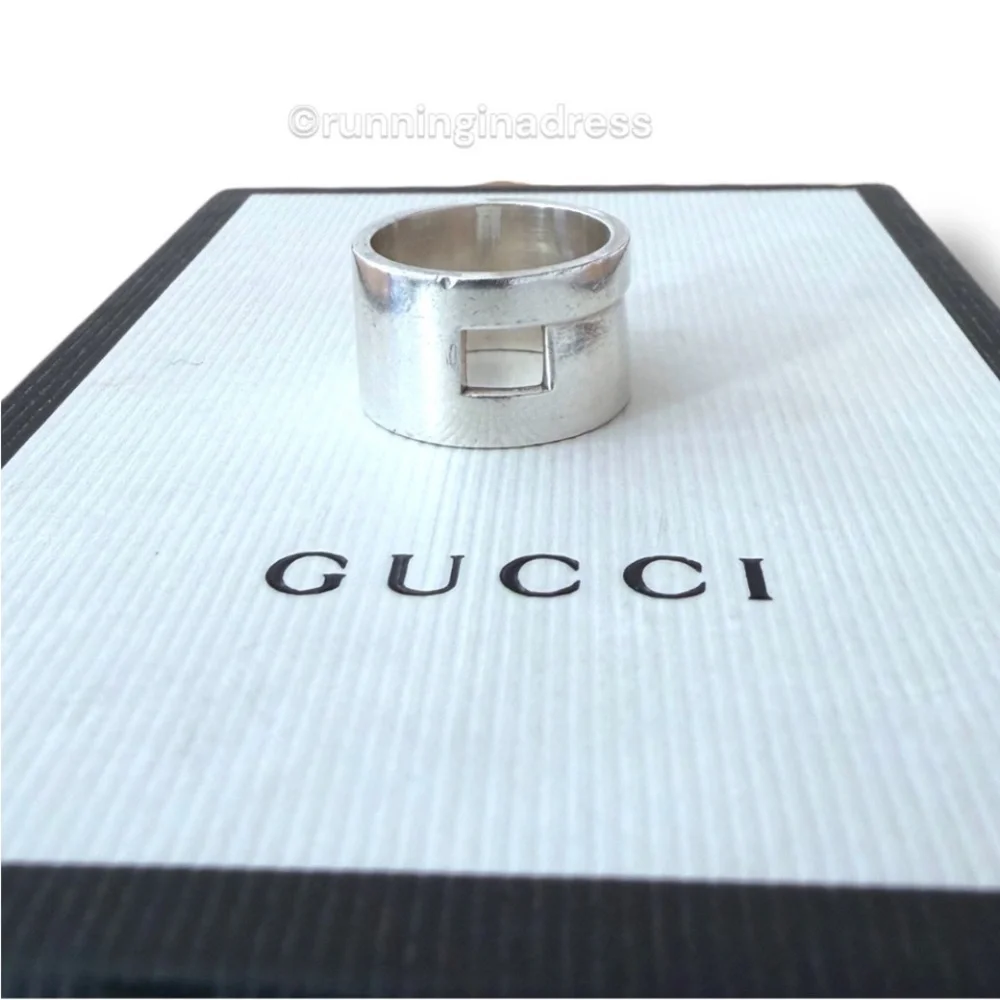 Vintage Gucci Tom Ford Era Geometric G Wide 925 Sterling Silver Ring 8.5 Y2K
